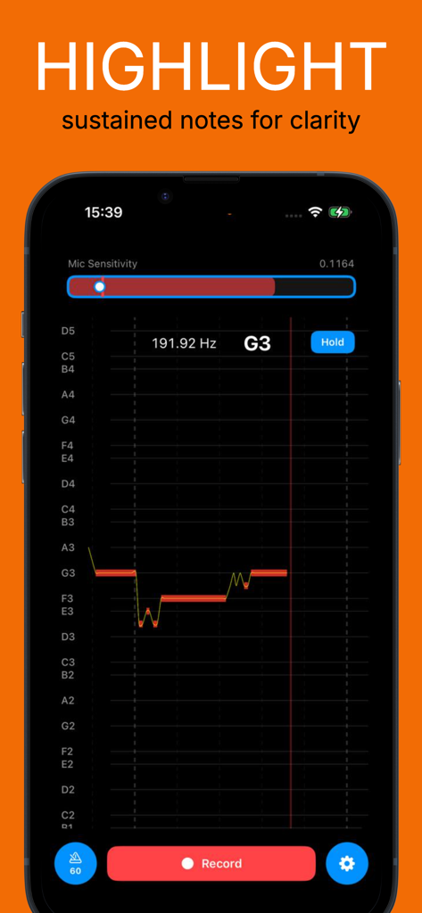Vocal Pitch Monitor Track Note - Real time vocal pitch monitor displaying a scrolling frequency graph and note detection for a sustained G3 pitch.