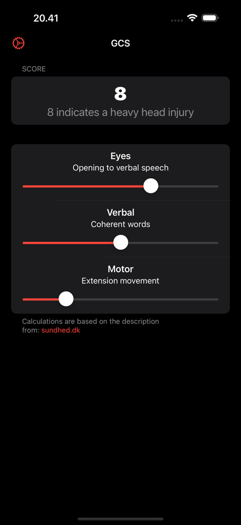 GCS Glasgow Coma Score - GCSグラスゴー・コーマ・スケールモバイルアプリの画面。眼、言語、運動評価のスライダーと合計スコア8が表示されています。