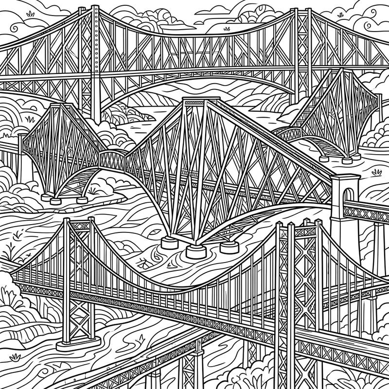Dive into the fascinating world of structural design with our intricate Cantilever Bridges coloring page. This detailed illustration offers a unique artistic challenge, perfect for architects and enthusiasts alike.