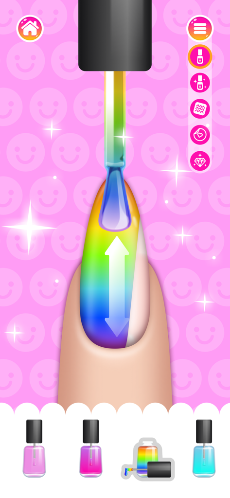 Nail Salon Games for Kids 2-5 - Un ongle se faisant peindre avec des couleurs arc-en-ciel dans un jeu de salon de manucure pour enfants.