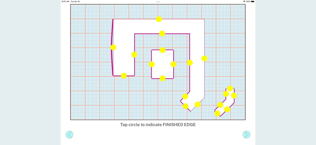 Digital interface of Countertops Draw showing a kitchen layout with selectable finished edge points on a grid