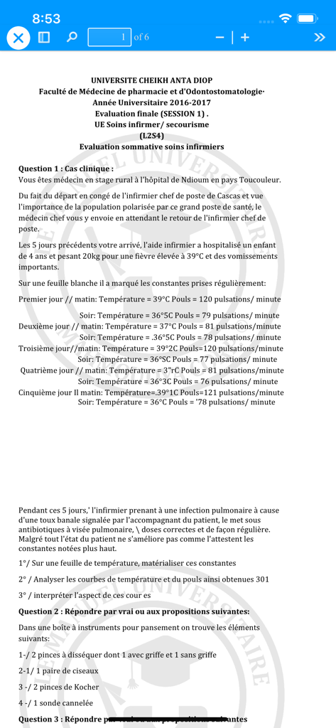 Manuel Universitaire - Ein medizinisches Universitätsprüfungsdokument, das innerhalb der Benutzeroberfläche der Manuel Universitaire Mobile App angezeigt wird.