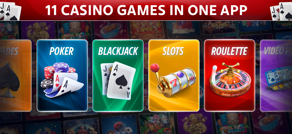 Interface of Blackjack 21 app showcasing various games like Poker, Blackjack, Slots, and Roulette in one app.