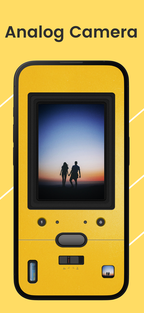 ZAPAN - Vintage Dazz Camera - ZAPAN app interface featuring a yellow analog camera design and a sunset silhouette photo