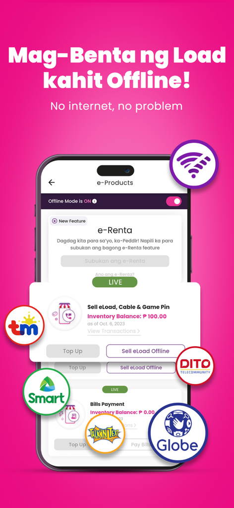 Pantalla de la aplicación móvil Peddlr que muestra funciones de recarga electrónica sin conexión y pago de facturas para propietarios de negocios filipinos
