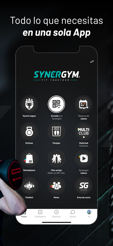 Synergym mobile app home screen showing various fitness and gym management features