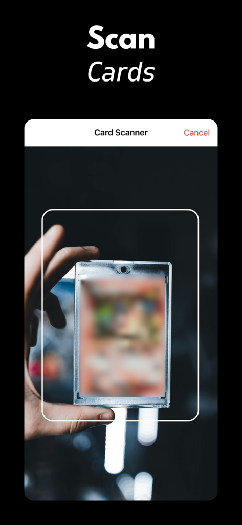 Hand holding a Pokemon card to scan it with the TCG Scanner app interface