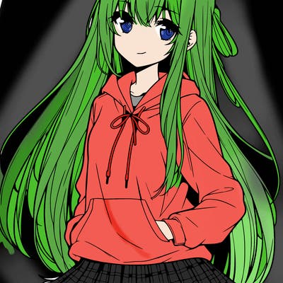 anime woman with long hair and bangs wearing hoodie and skirt
