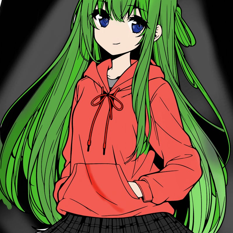 anime woman with long hair and bangs wearing hoodie and skirt