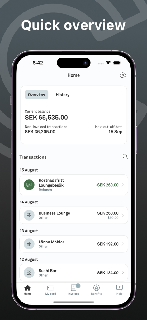 Corporate Card - Pantalla de inicio de la aplicación Tarjeta Corporativa que muestra el saldo de la cuenta y el historial de transacciones recientes.