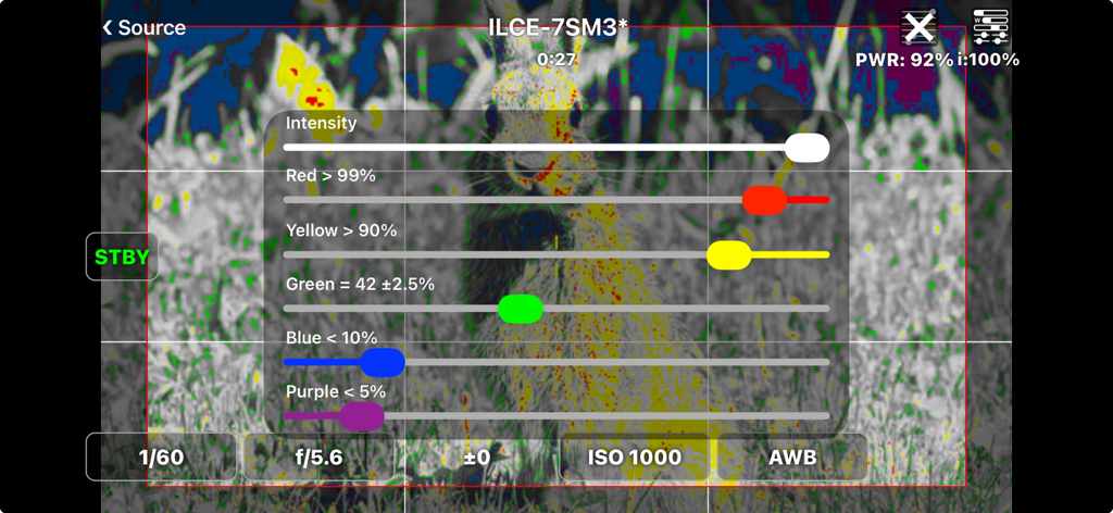 FieldMonitor - FieldMonitor app interface displaying false color exposure settings and intensity sliders on a Sony camera feed