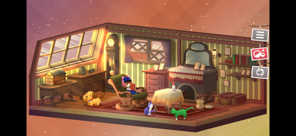 Escape game:Stray Cat Doors 3 - Una chica con sombrero de gato negro sentada en una mecedora leyendo en una habitación acogedora con lindos gatos y un perro.