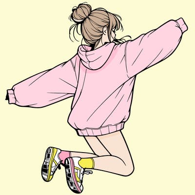 realistic girl jumping with a bun and oversized sweatshirt