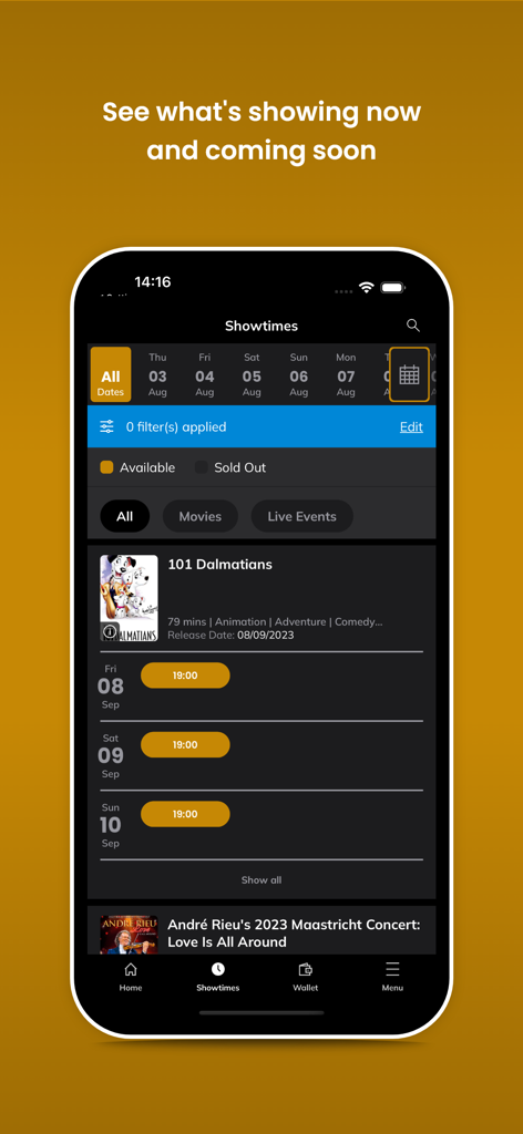 Eden Cinemas app interface showing movie showtimes and schedule dates
