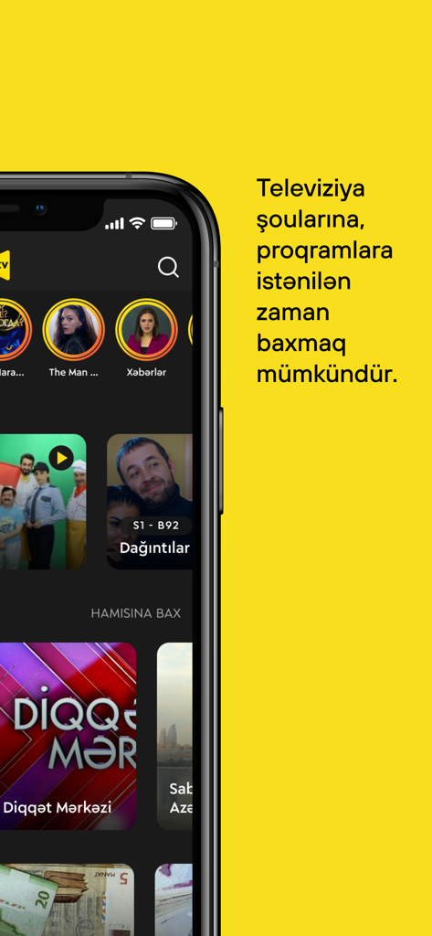 İCTİMAİ TV - Interface de l'application mobile Ictimai TV affichant les nouvelles et les émissions azerbaïdjanaises