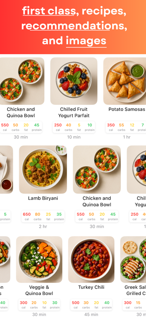 Chefy - AI Cooking Assistant - A grid display of various healthy recipes with high-quality food images and nutritional facts in the Chefy app