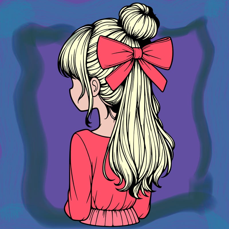 realistic girl  with hip length hair a bun and a big bow on the back of head