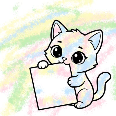 a small cat with a blank sheet of paper in its hand. the cat is sooooooo cute!