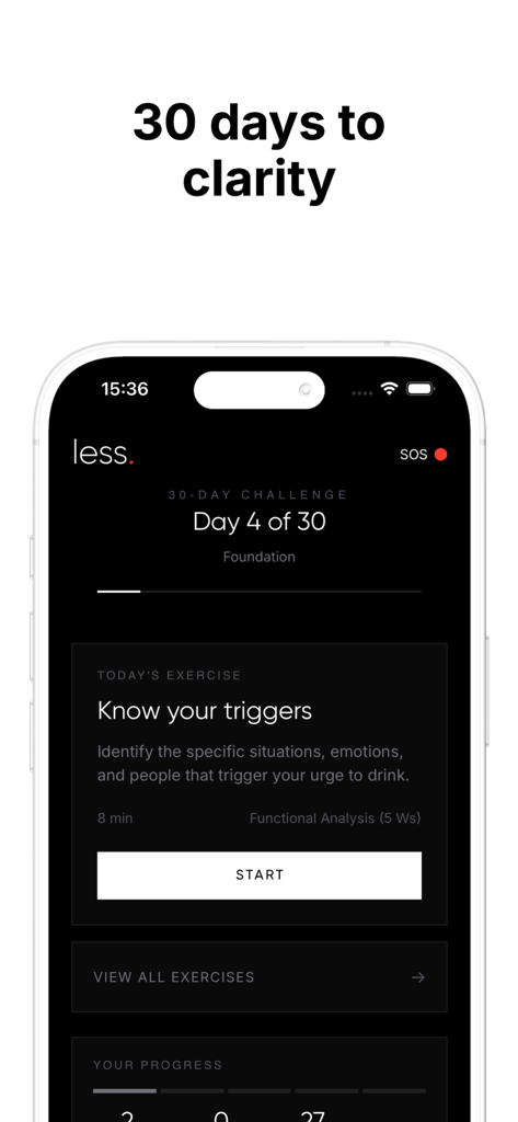 less. Drink less & Stay Sober - Mobile app interface for a 30-day sobriety challenge showing a daily exercise to identify drinking triggers.