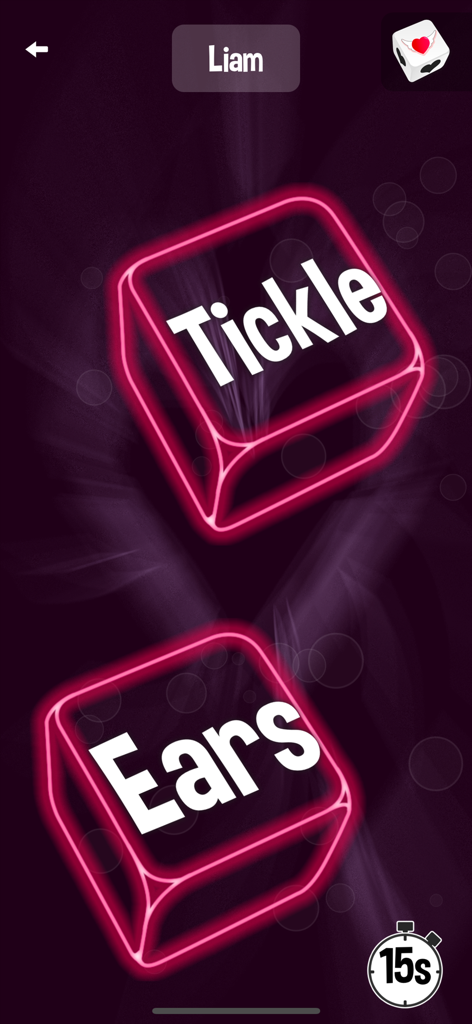 ErosDice app interface showing neon pink dice with the words Tickle and Ears