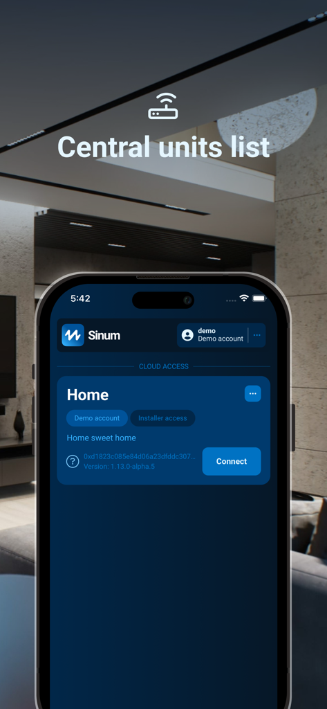 Sinum - Exibição do aplicativo móvel Sinum mostrando a lista de unidades centrais de casa inteligente.