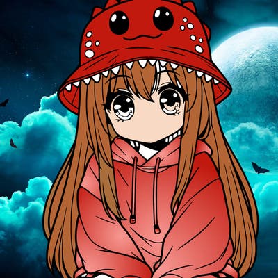 girl with anime shaped eyes with a dinosaur bucket hat oversized sweatshirt long straight hair