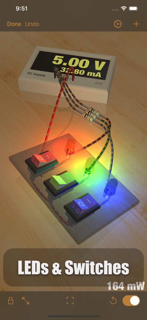 iCircuit 3D - Uma simulação 3D de um circuito eletrônico com LEDs vermelho, verde e azul brilhantes conectados a interruptores basculantes em uma bancada virtual