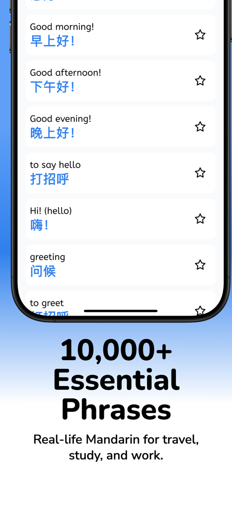 Learn Chinese: For Beginners - A mobile app screen showing a list of essential Chinese greetings and phrases for beginners with English translations.