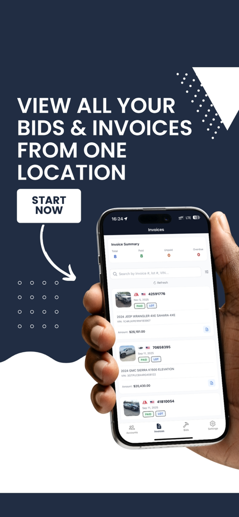 BidManager.io - Um telefone móvel exibindo o aplicativo BidManager com uma lista de faturas de leilão de veículos e um resumo de compras.