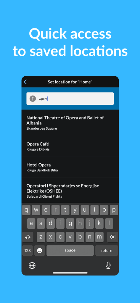 Una interfaz de búsqueda en la aplicación de autobús TIR para Tirana, que muestra resultados para el Teatro Nacional de Ópera y Ballet para establecer como una ubicación guardada.