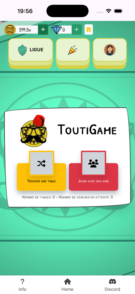 toutigame - ToutiGame app home menu with options to find a table or play with friends