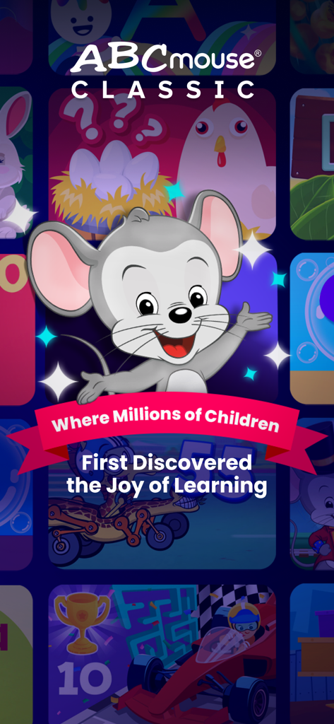 ABCmouse Classic - Pantalla de introducción de la aplicación ABCmouse Classic con la mascota del ratón y varias actividades educativas