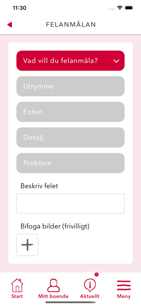 ÖBO - Hem för dig - Maintenance report form screen in the OBO tenant app showing options to describe and photograph issues