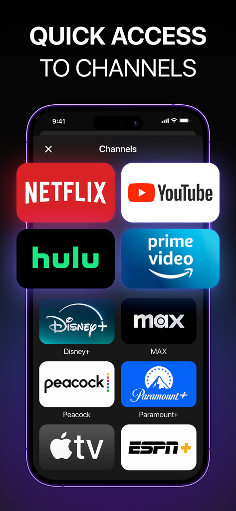 Universal Remote・TV Control - Schermata dell'iPhone che visualizza una griglia di icone di servizi di streaming come Netflix e Hulu per un rapido accesso tramite l'app di telecomando universale per TV.