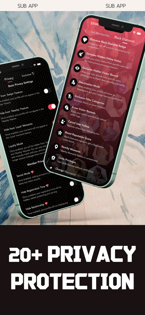 Dos pantallas de teléfonos móviles que muestran una configuración completa de privacidad y membresía para la aplicación social de subcultura Sub
