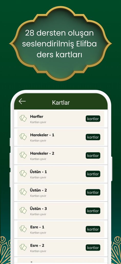 Elif ba - Kur'an Öğreniyorum - A menu of Arabic learning lesson cards in the Elif ba app including letters and diacritics