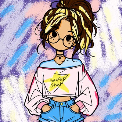 girl with a messy ponytail glasses a baggy crop top and jean shorts