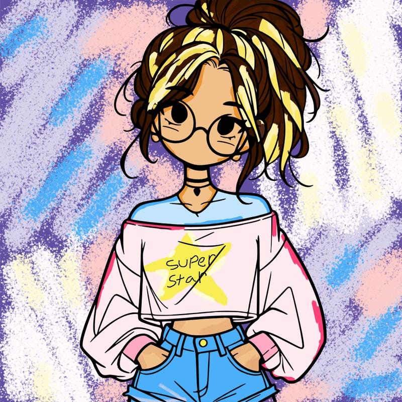 girl with a messy ponytail glasses a baggy crop top and jean shorts