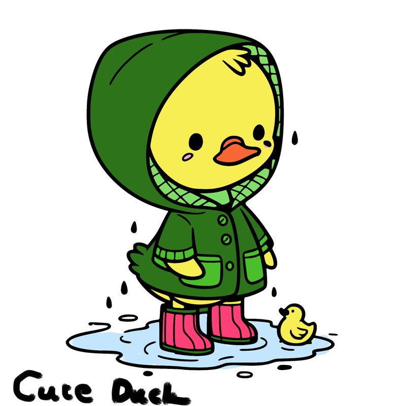 baby duck in a rain coat and boots, in a puddle while it’s raining