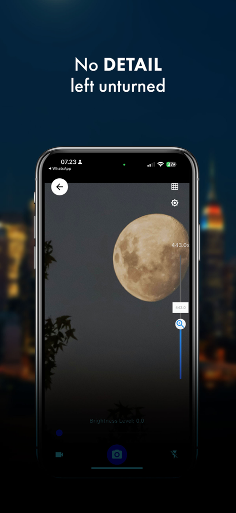 Mega Zoom Telescope Camera HD - iPhone screen showing a high magnification zoom of the moon at night using the Mega Zoom app