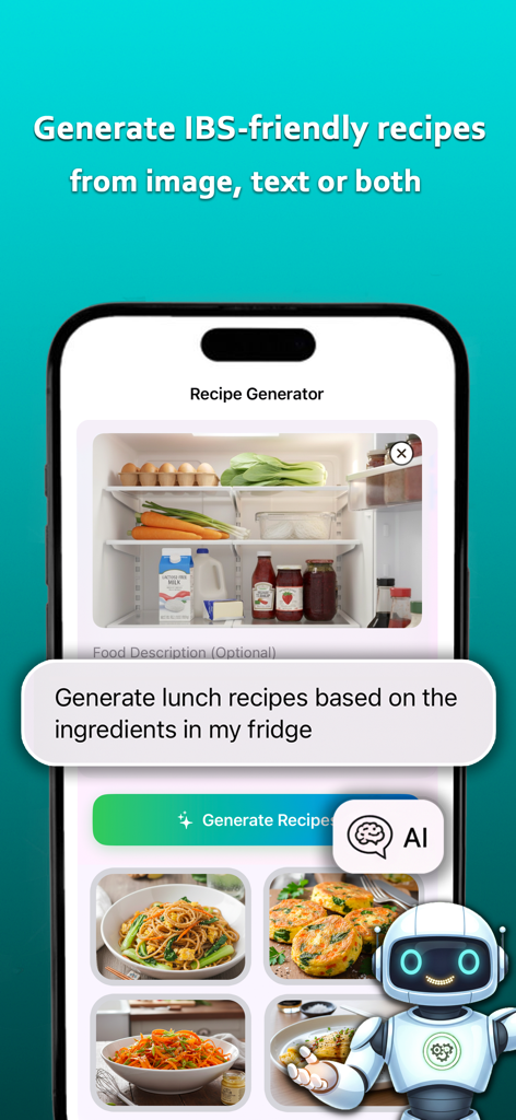 FODMAPai app screen displaying AI generated IBS friendly recipes based on ingredients in a fridge