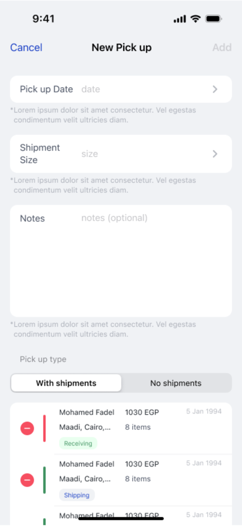 TradeSync - TradeSync mobile app interface for scheduling a new shipping pickup with date and shipment size fields
