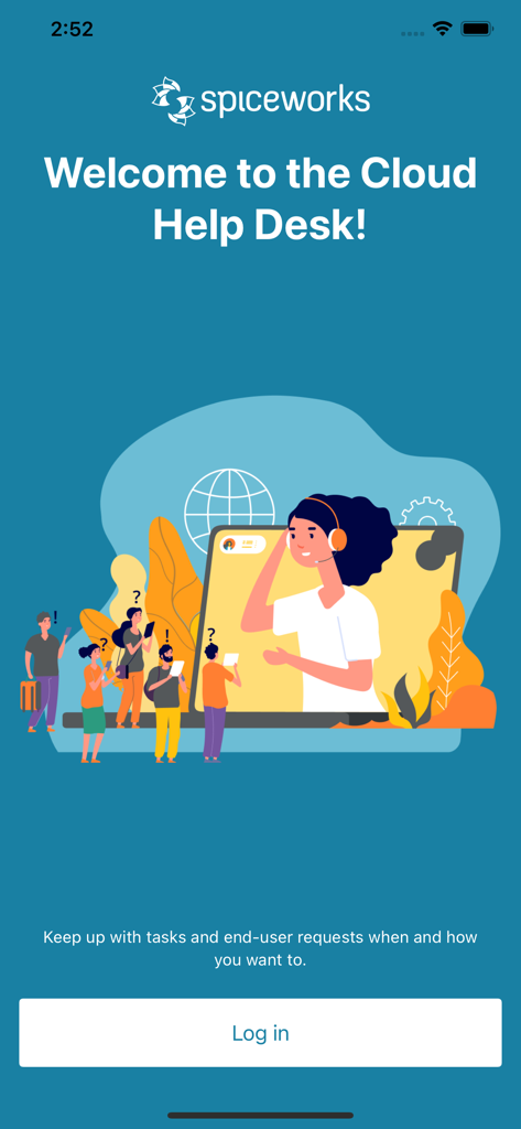 Spiceworks Help Desk - Spiceworks Help Desk welcome screen with IT support illustration and login button