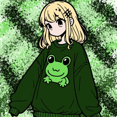 girl wearing frogging sweatshirt