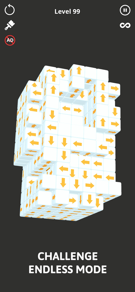 El juego móvil Tap Escape mostrando un desafío de puzzle de bloques 3D en modo infinito
