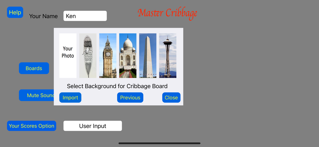 Master Cribbage - Master Cribbage menu for choosing a custom board background from landmarks or personal photos