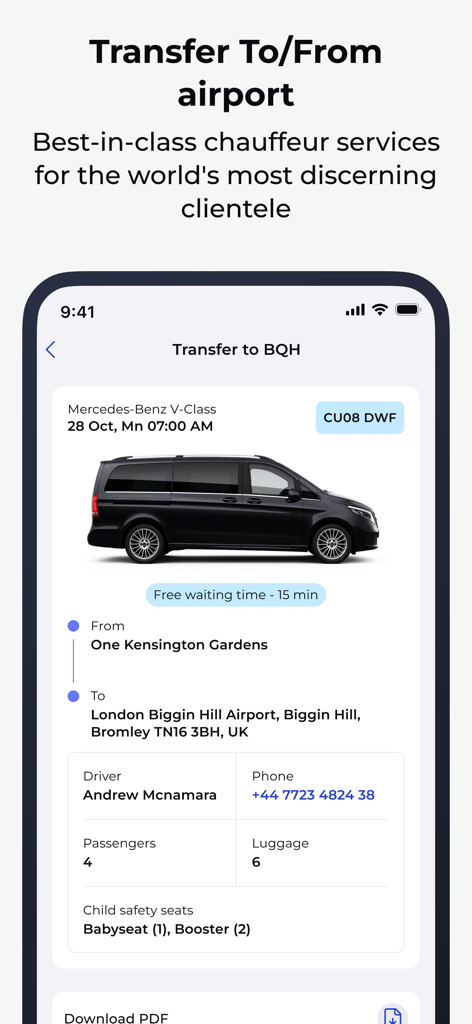 Mirai Flights - Mirai Flights app interface showing a luxury airport chauffeur transfer booking