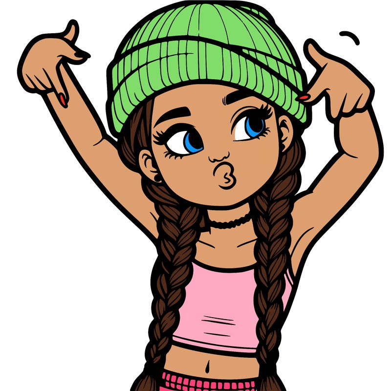 realistic teenage girl with braids and a beanie and crop top doing 🫶🏼