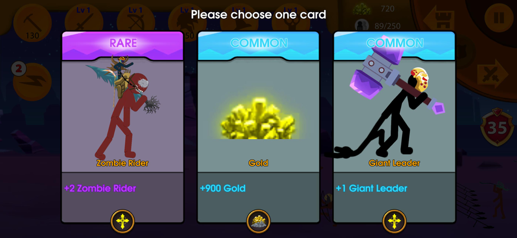 Stick Legions: Giant War - Card selection screen in Stick Legions Giant War showing Rare Zombie Rider and Common Giant Leader reward cards.