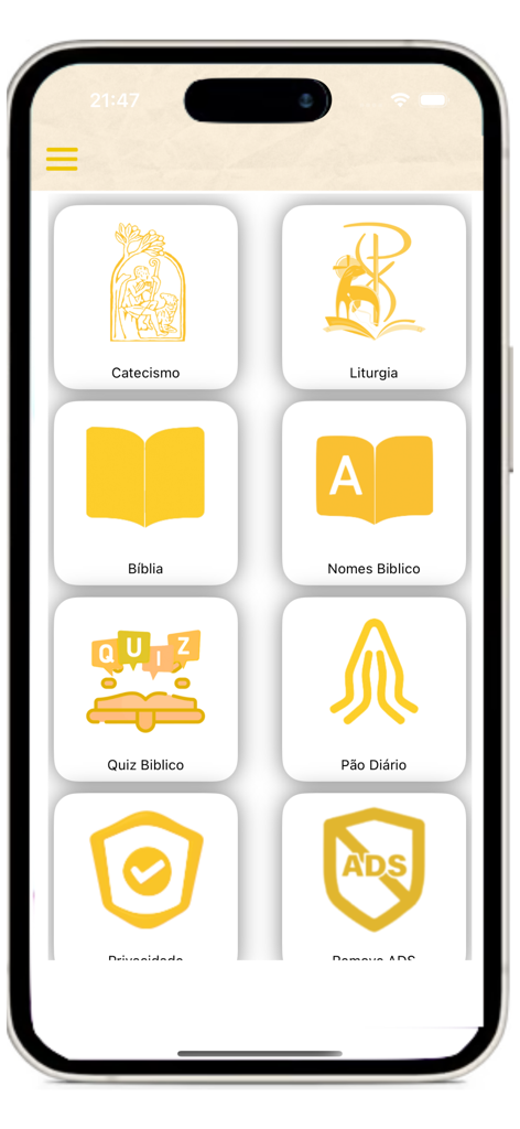 Catecismo da Igreja Católica - 가톨릭 교회 교리서 앱의 메인 메뉴 화면으로 교리서, 성경, 전례, 매일의 양식 아이콘 표시